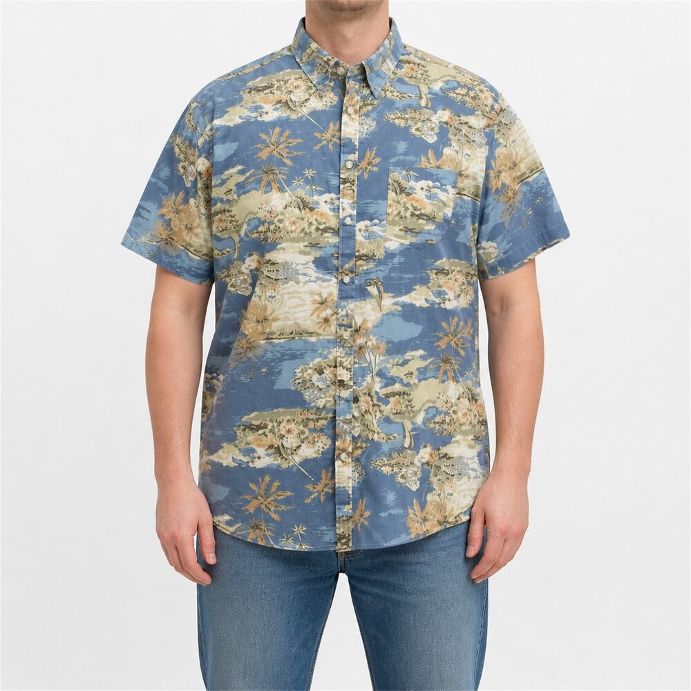 Foundry Shirt Mens 2XLT Blue Gray Hawaiian Aloha Cotton Short Sleeve Button-Up